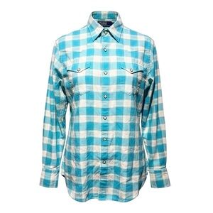 🤠💎 Polo Ralph Lauren Men’s S Western Plaid Shirt Snap Front Turquoise & White 🐎